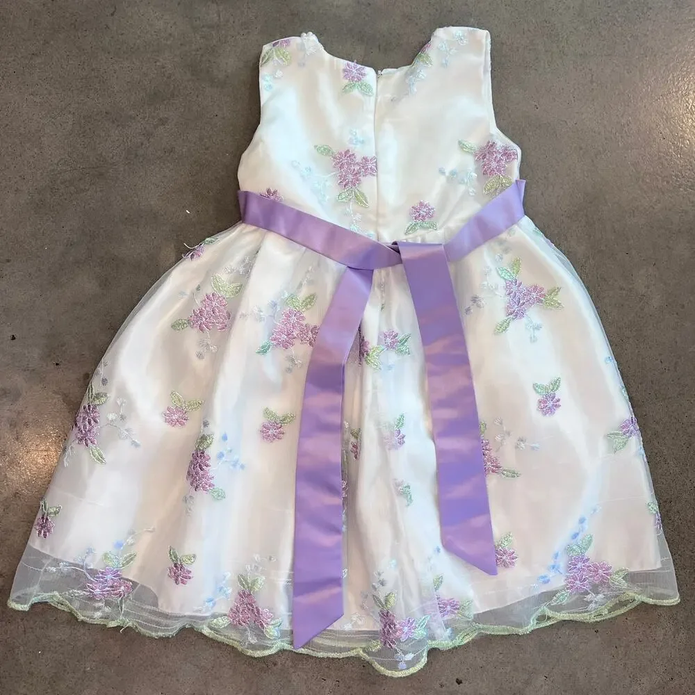 Girls floral Embroidered lavendar satin bow formal dress pearl collar Toddler 4T